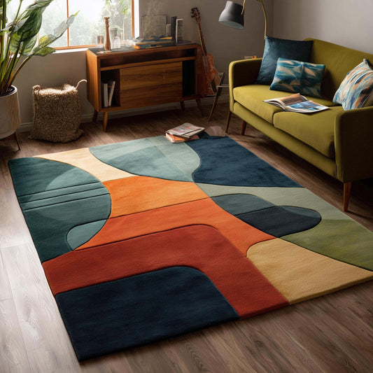 Modern abstract geometric area rug with bold jewel tones and freeform shapes for living room decor