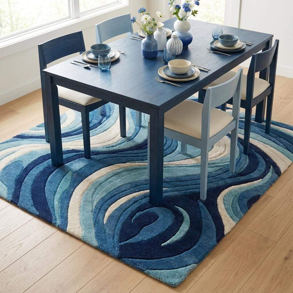 Modern Abstract Tufted Rug Blue Wave Carpet, Handmade Wool Area Rug for Living Room Decor, Artistic Floor Rug __etsy:7925015618