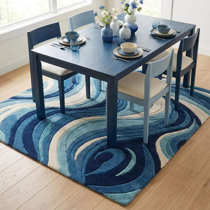 Modern Abstract Tufted Rug Blue Wave Carpet, Handmade Wool Area Rug for Living Room Decor, Artistic Floor Rug __etsy:7925015618