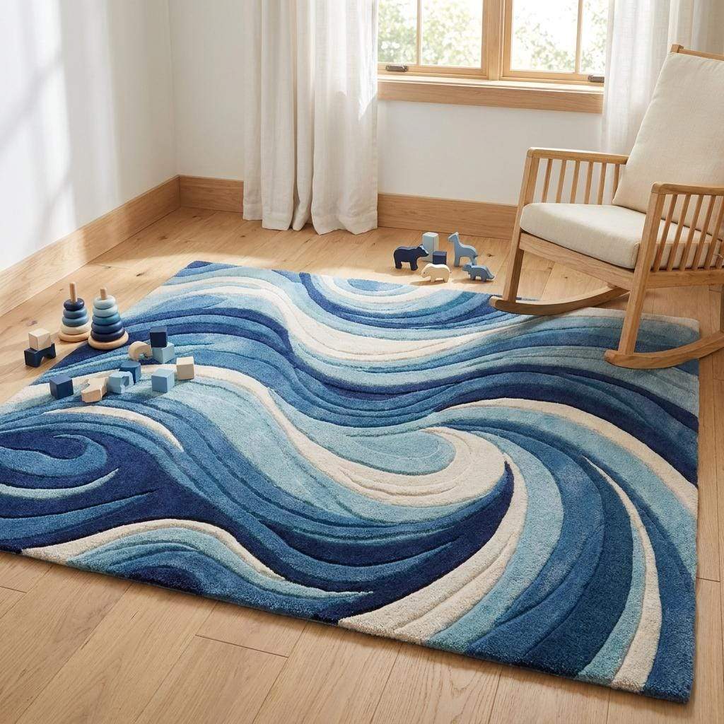 Modern abstract tufted rug with blue wave design, handmade wool area carpet for living room decor