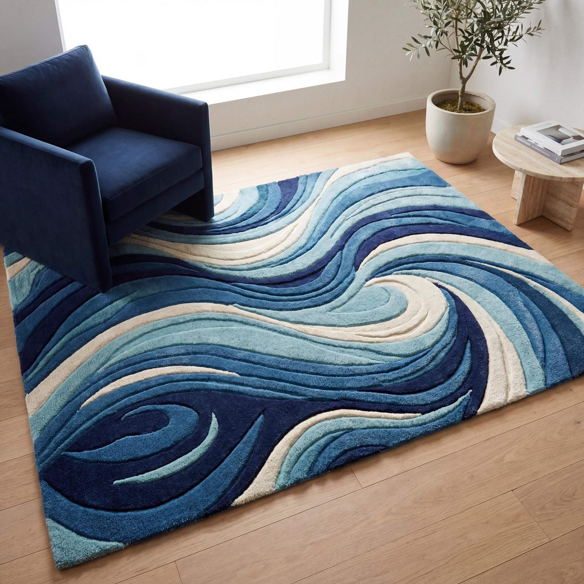 Modern abstract tufted rug with blue wave pattern, handmade wool area rug for living room decor