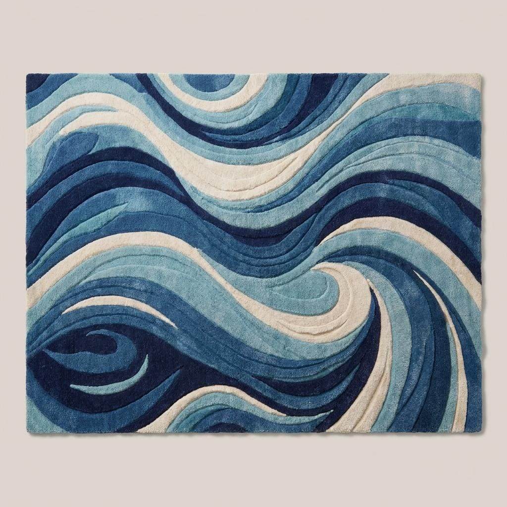 Modern abstract tufted wool rug with blue wave design and sculpted texture for living room decor