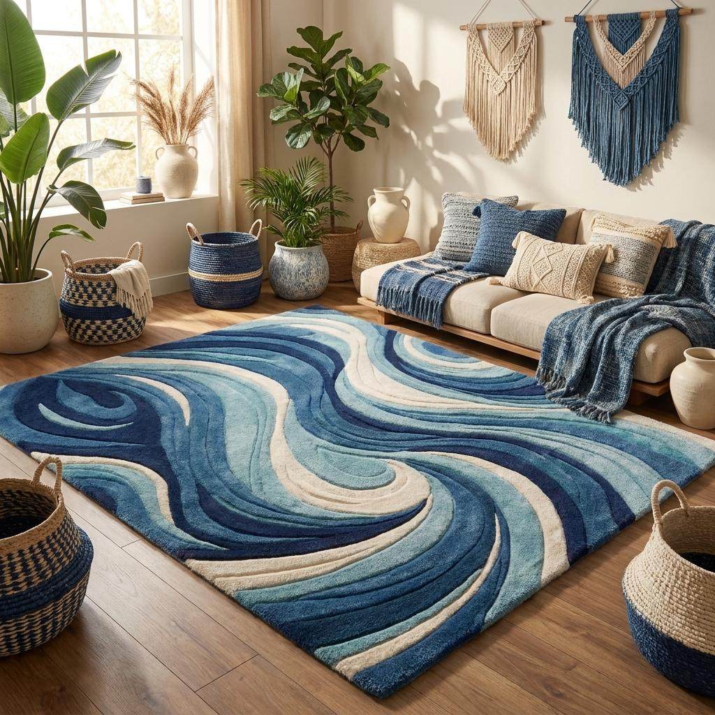 Soft wool tufted carpet with sculpted wave design enhancing cozy and stylish living room interiors __etsy:7925015614