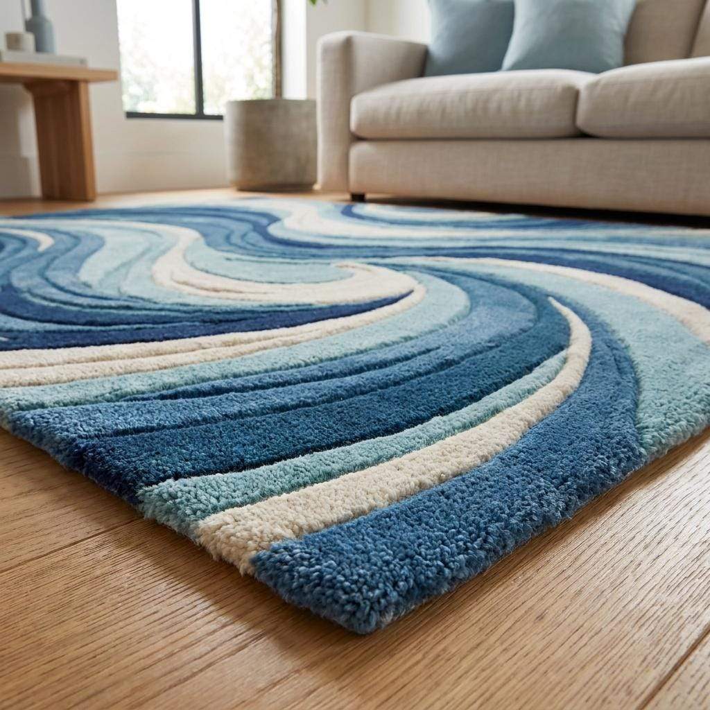 Handmade tufted blue rug with artistic flowing pattern perfect for modern minimalist home styling __etsy:7972965585
