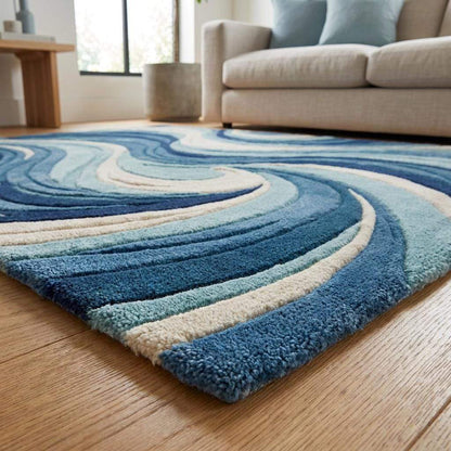 Handmade tufted blue rug with artistic flowing pattern perfect for modern minimalist home styling __etsy:7972965585