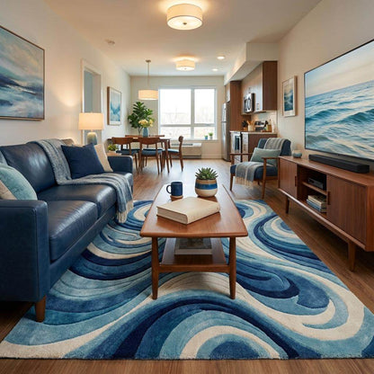 Plush abstract area rug in navy and teal tones creating a statement centerpiece for contemporary decor __etsy:7925015610