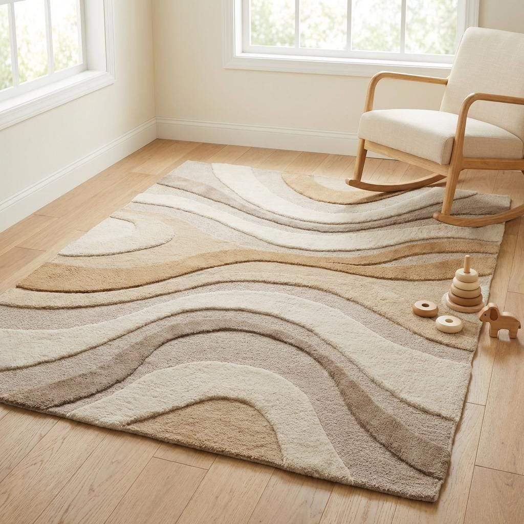 Modern Abstract Tufted Rug Neutral Beige Carpet, Sculpted Wool Area Rug for Living Room, Contemporary Minimal Floor Decor __etsy:7869667716
