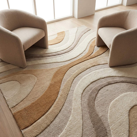 Modern abstract tufted rug in beige and brown tones placed in minimalist living room with soft curved chairs __etsy:7917620821