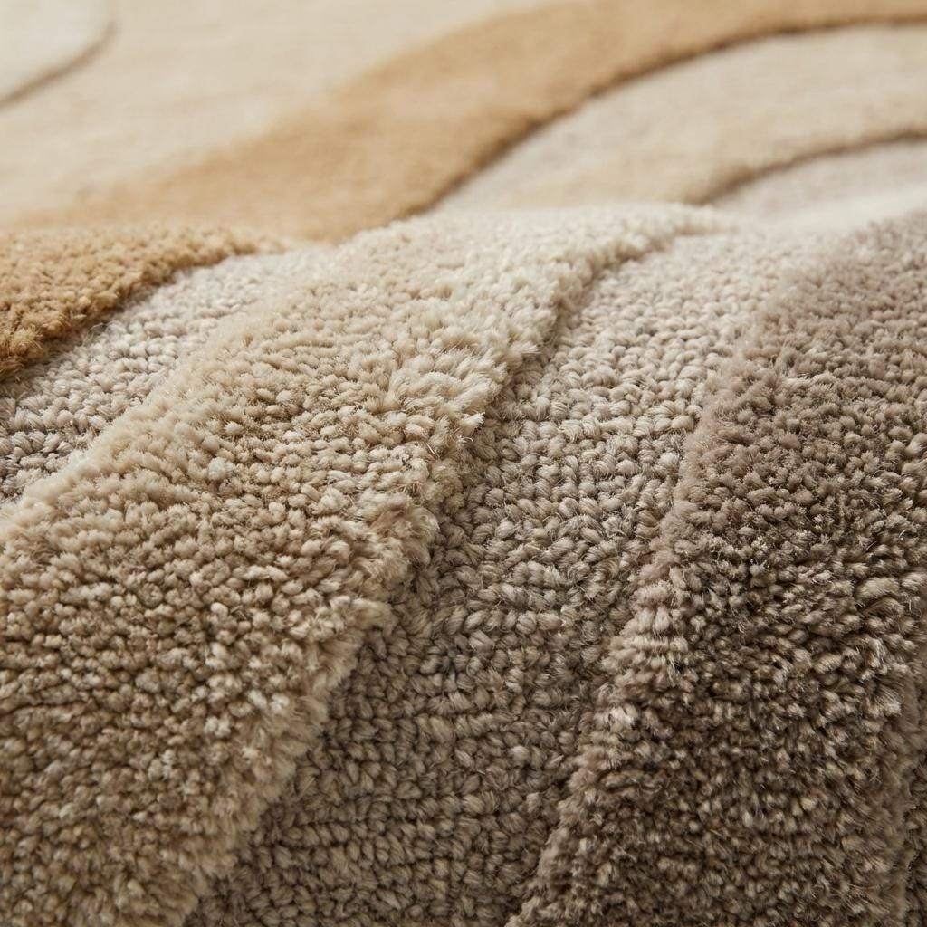 Close-up of hand tufted wool rug showing carved high-low pile texture and soft dense fiber surface __etsy:7869667710
