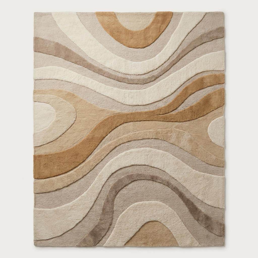 Neutral beige abstract carpet with flowing sculpted lines creating modern organic design pattern __etsy:7869667668