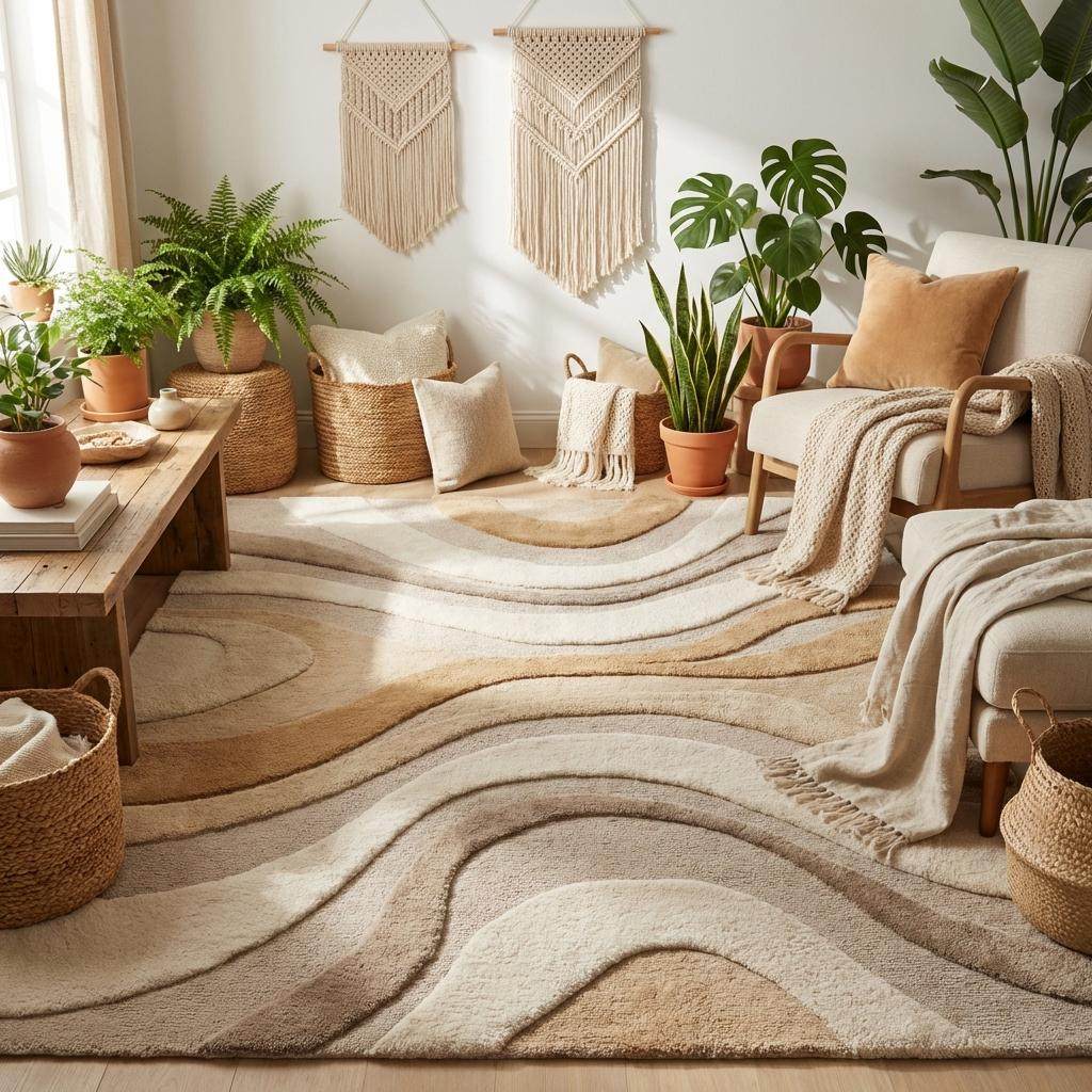 Contemporary tufted area rug styled in bright modern interior with light wood flooring and minimal decor __etsy:7917622133
