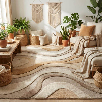 Contemporary tufted area rug styled in bright modern interior with light wood flooring and minimal decor __etsy:7917622133