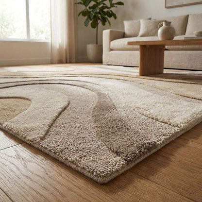 Modern Abstract Tufted Rug Neutral Beige Carpet, Sculpted Wool Area Rug for Living Room, Contemporary Minimal Floor Decor __etsy:7869667714