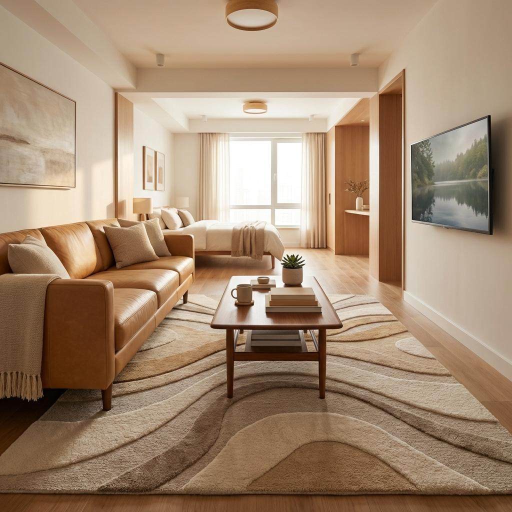 Soft wool tufted rug with layered tones of cream, sand, and brown in abstract pattern design __etsy:7869667678