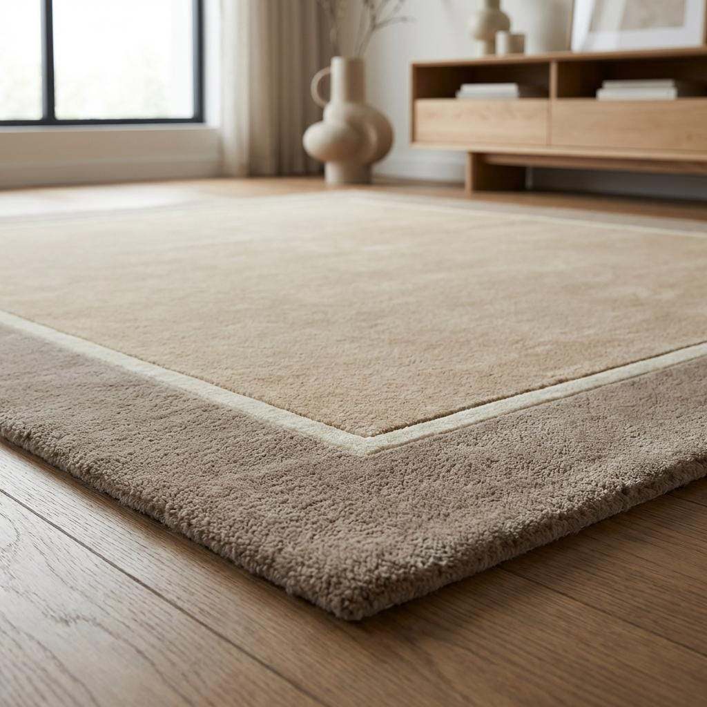 Modern beige geometric border hand-tufted area rug with soft wool pile and framed design for contemporary interiors