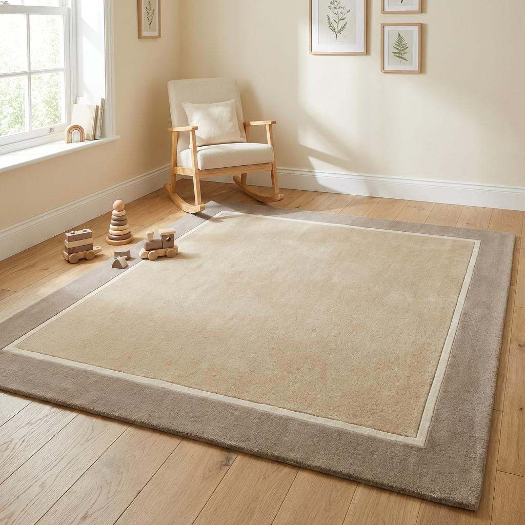 Modern beige geometric border hand-tufted area rug with soft wool pile and clean contemporary design
