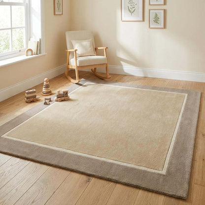 Modern beige geometric border hand-tufted area rug with soft wool pile and clean contemporary design