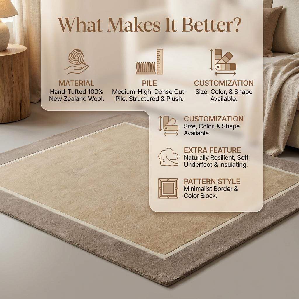 Modern beige geometric border hand-tufted area rug with soft wool pile and clean design
