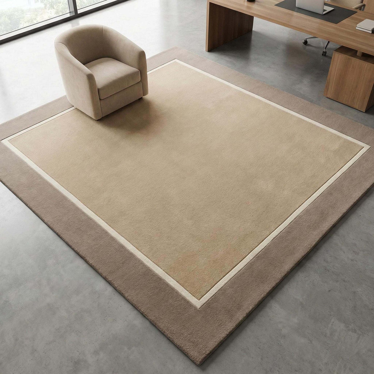 Modern beige geometric border hand-tufted wool area rug with soft dense pile and framed design
