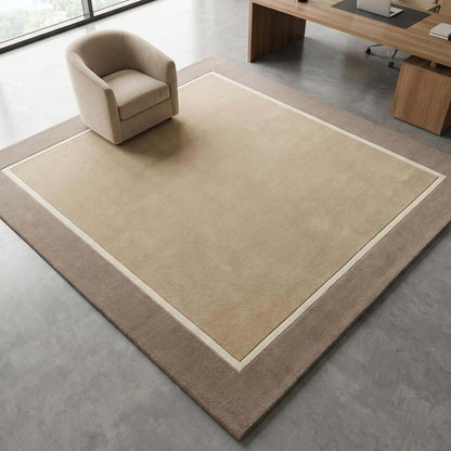 Modern beige geometric border hand-tufted wool area rug with soft dense pile and framed design