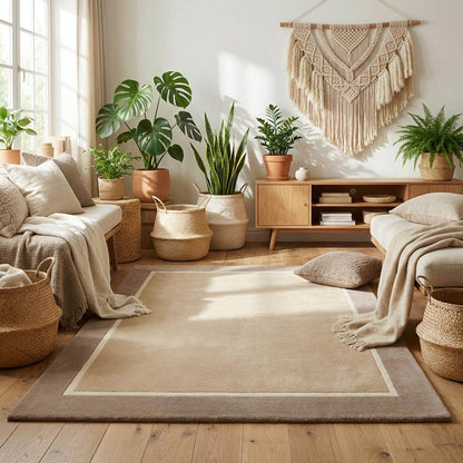 Modern beige geometric border hand-tufted area rug with soft wool pile for contemporary interiors
