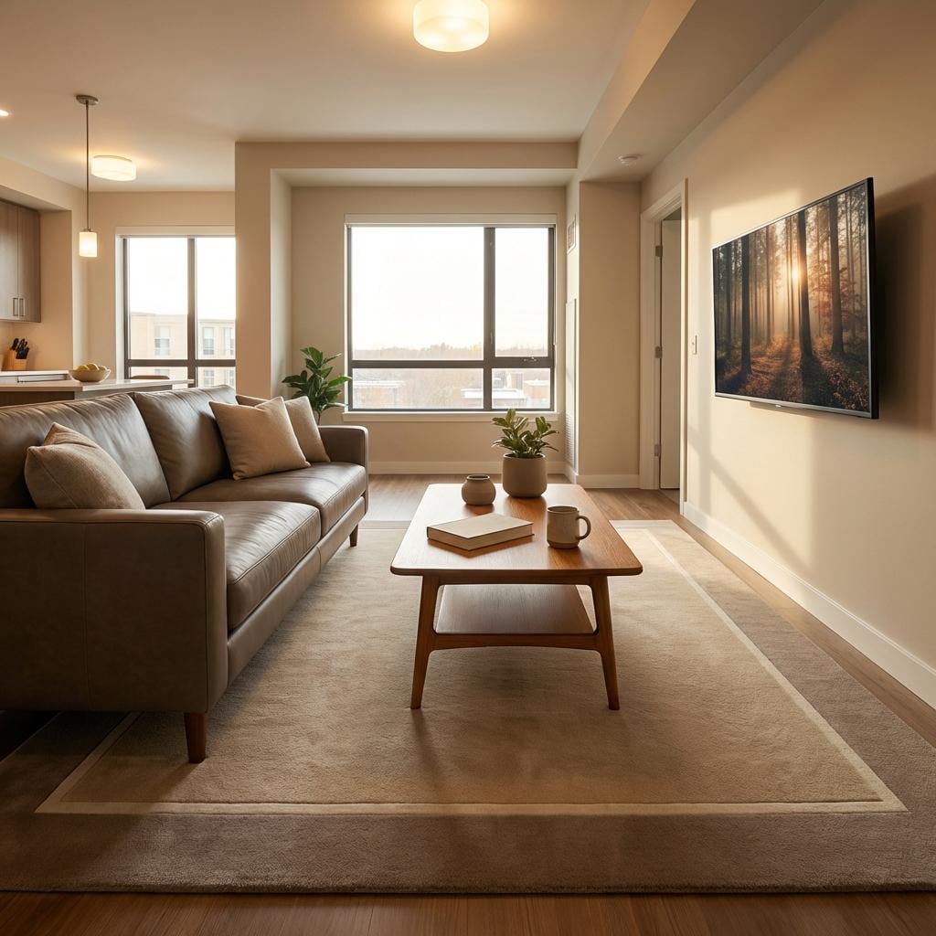 Modern beige geometric border hand-tufted area rug with soft wool pile and minimalist design
