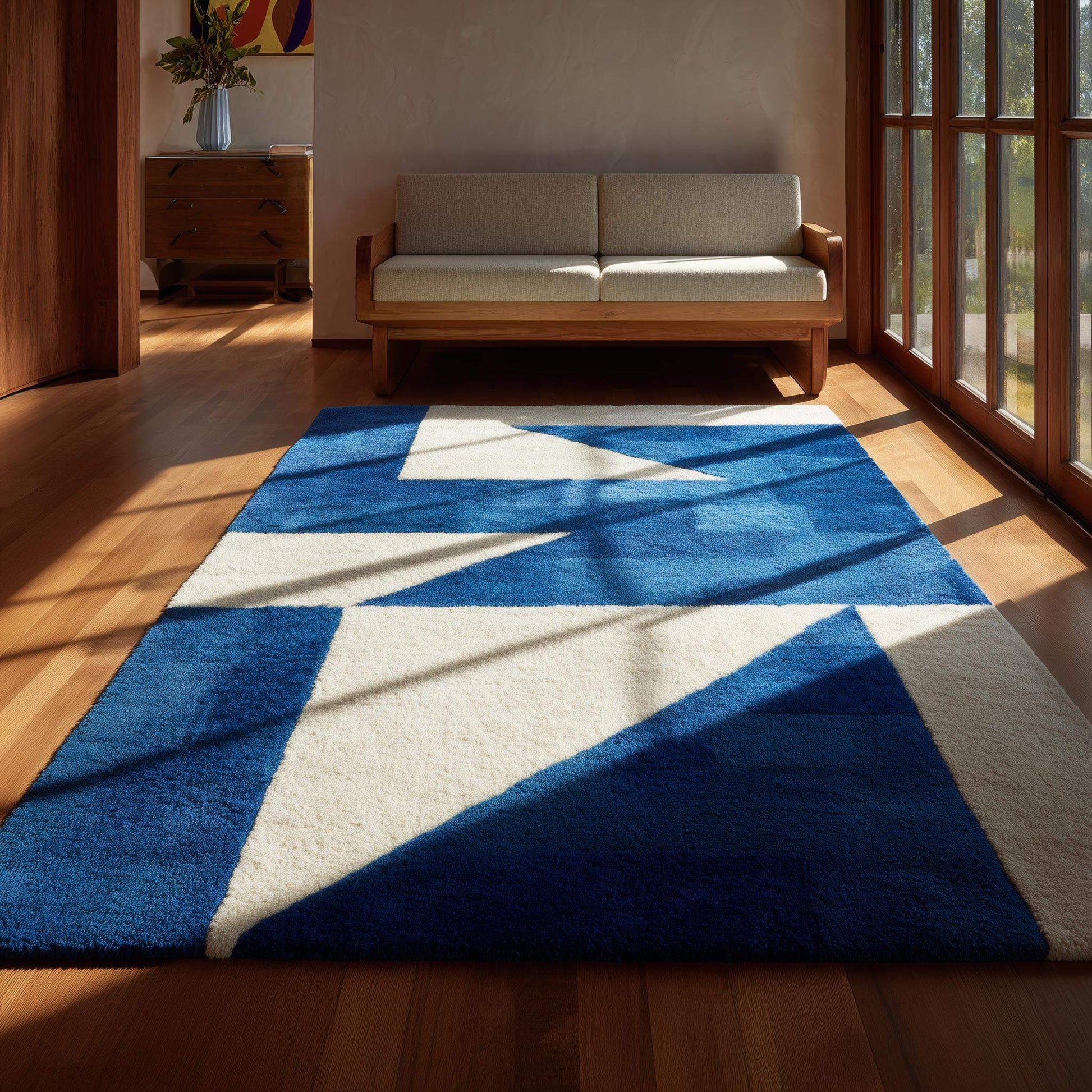 Modern blue geometric hand-tufted wool rug with mid-century style for contemporary living rooms
