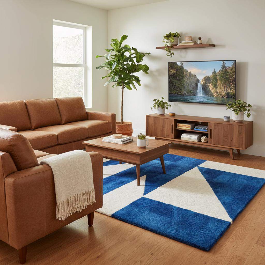 Mid-century inspired blue and cream geometric rug adding contrast and texture to a minimalist home setting.