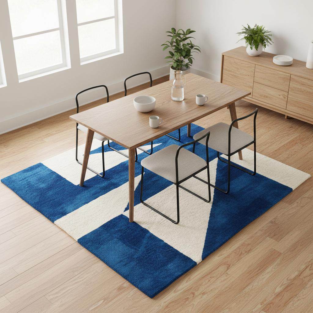 Custom size modern blue wool rug with clean geometric pattern placed in a modern home with floor-to-ceiling windows.