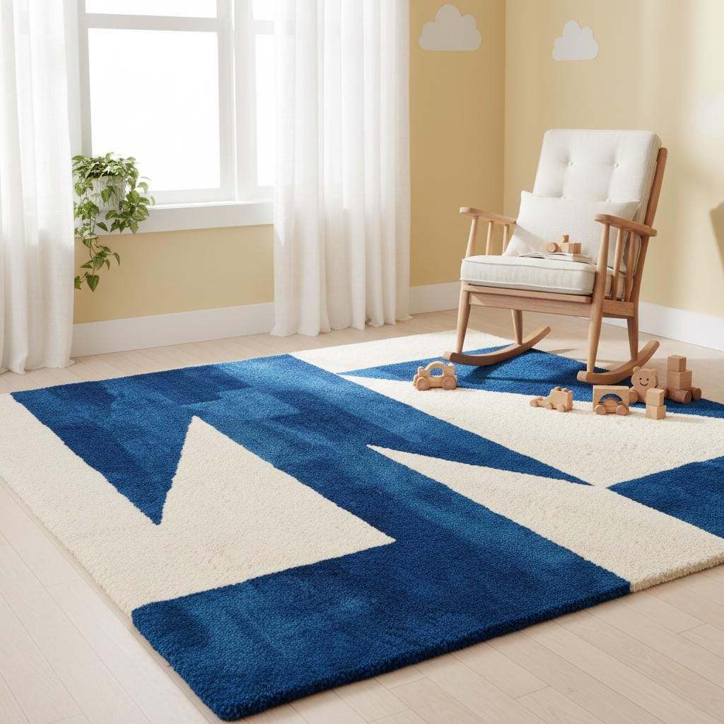 Soft hand-tufted geometric area rug in deep blue and ivory tones, enhancing a cozy contemporary living room.