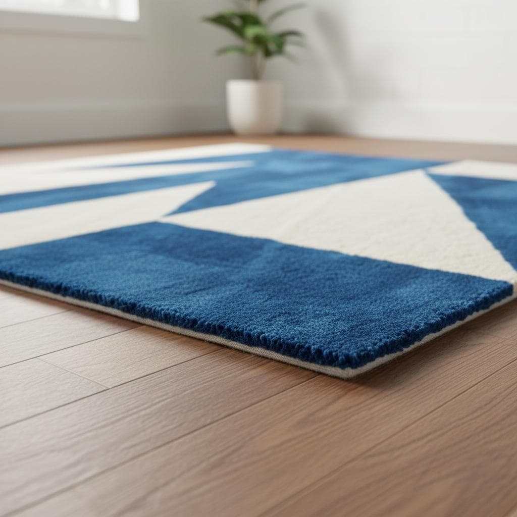 Modern Blue Geometric Rug, Hand Tufted Wool Area Rug, Mid Century Style Carpet, Contemporary Living Room Decor, Custom Size Blue & White Rug