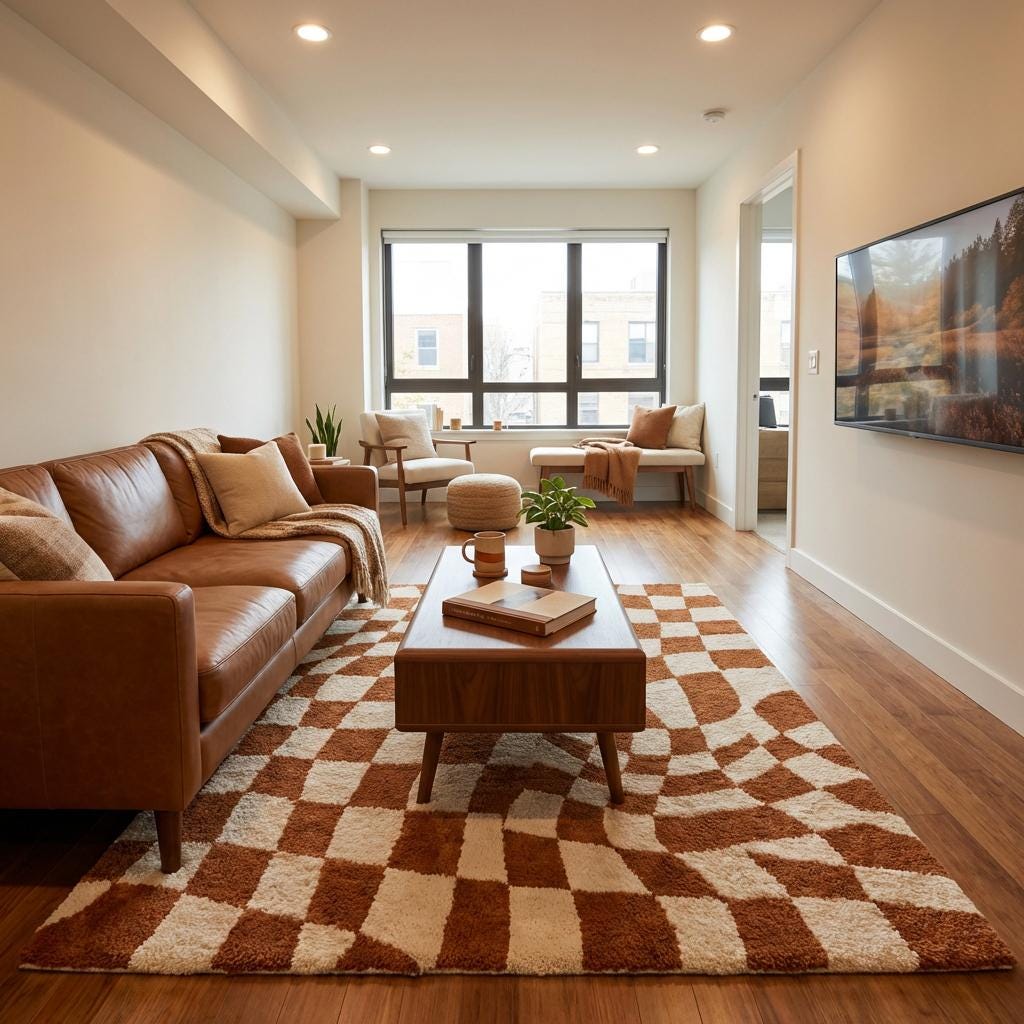 Modern checkerboard wavy tufted rug with retro geometric pattern in warm rust and ivory tones