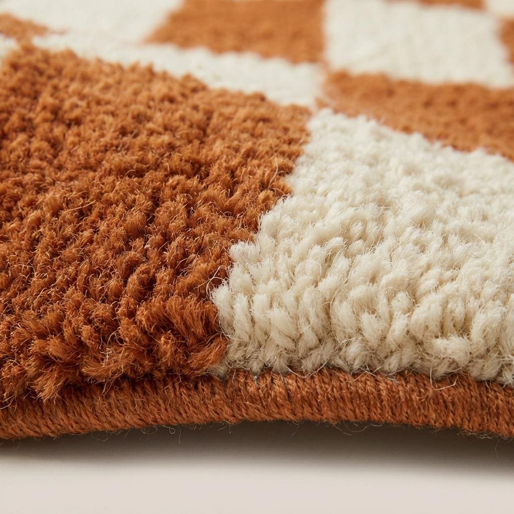 Modern checkerboard wavy tufted rug with retro geometric pattern in warm rust and ivory tones