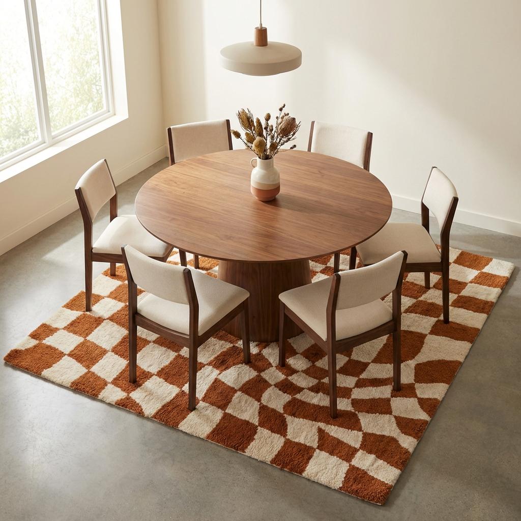 Modern checkerboard wavy tufted rug with retro geometric pattern in warm rust and ivory tones
