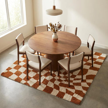 Modern checkerboard wavy tufted rug with retro geometric pattern in warm rust and ivory tones