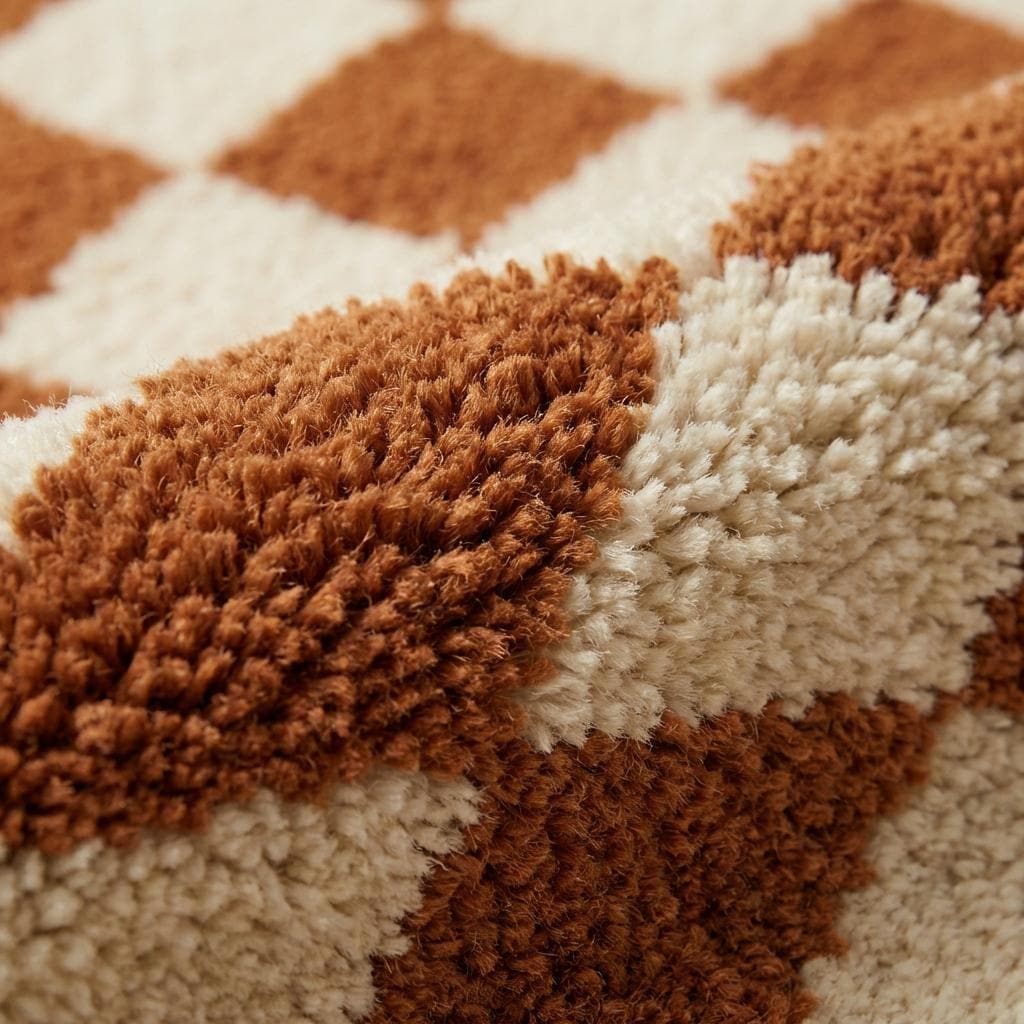 Modern checkerboard wavy tufted rug with retro geometric pattern in warm rust and ivory tones