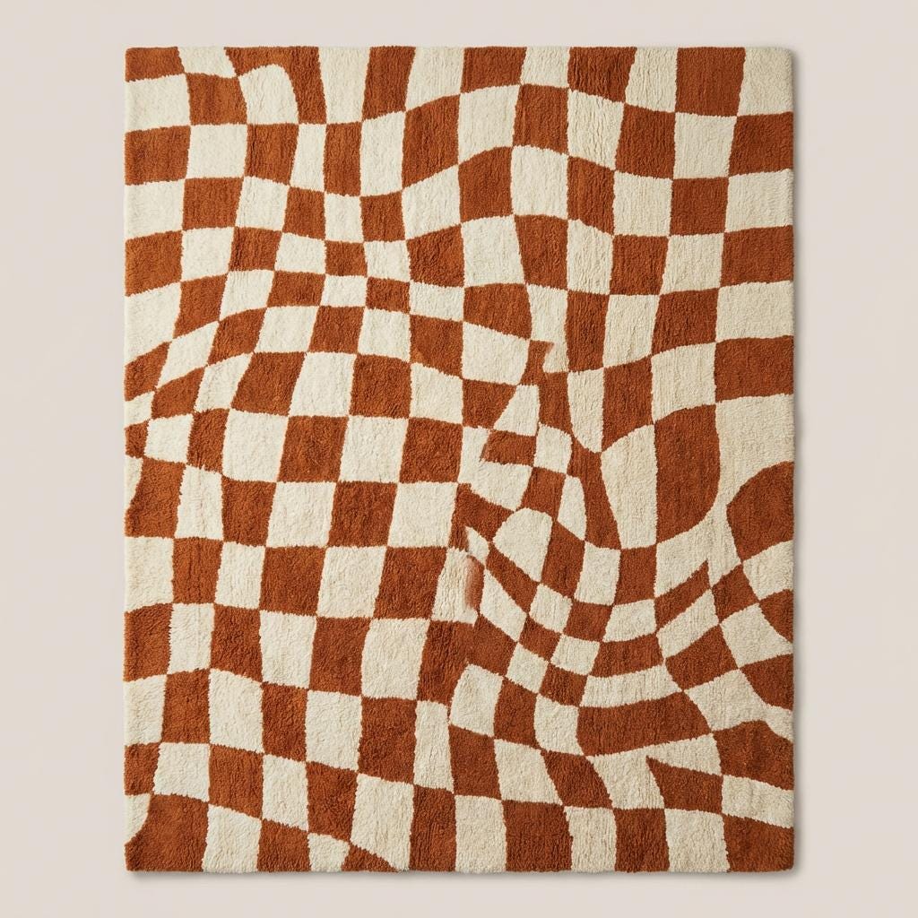 Modern checkerboard wavy tufted rug with retro geometric pattern in warm earthy tones