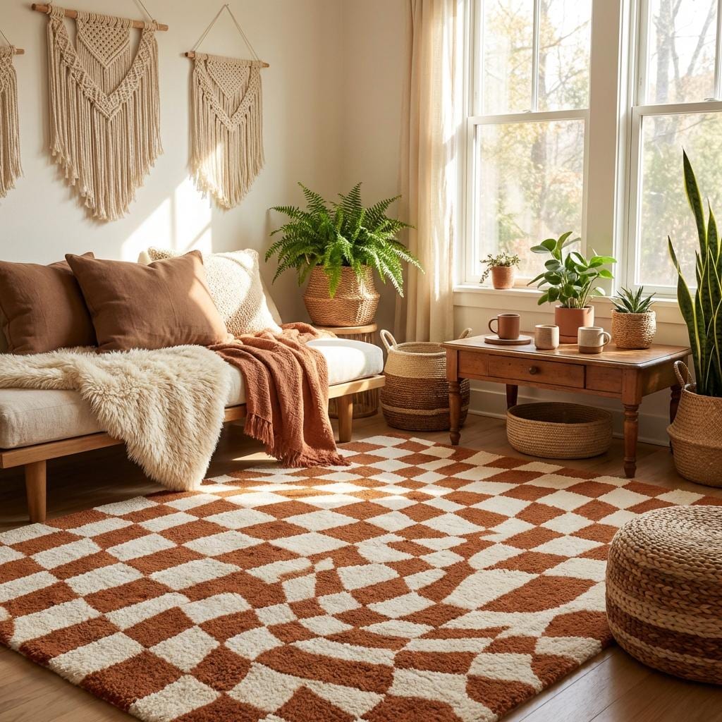 Modern checkerboard wavy tufted rug with retro geometric pattern in warm rust and ivory tones