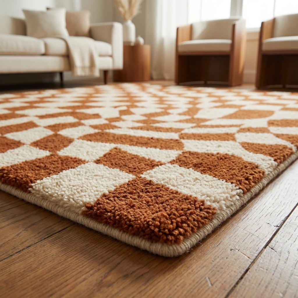 Modern checkerboard wavy tufted rug in warm rust and ivory tones with retro geometric design