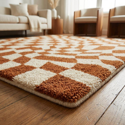 Modern checkerboard wavy tufted rug in warm rust and ivory tones with retro geometric design