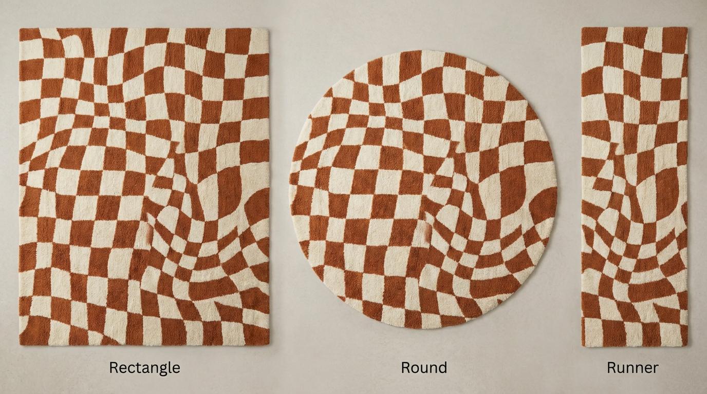 Modern checkerboard wavy tufted rug in warm rust and ivory tones with retro geometric pattern