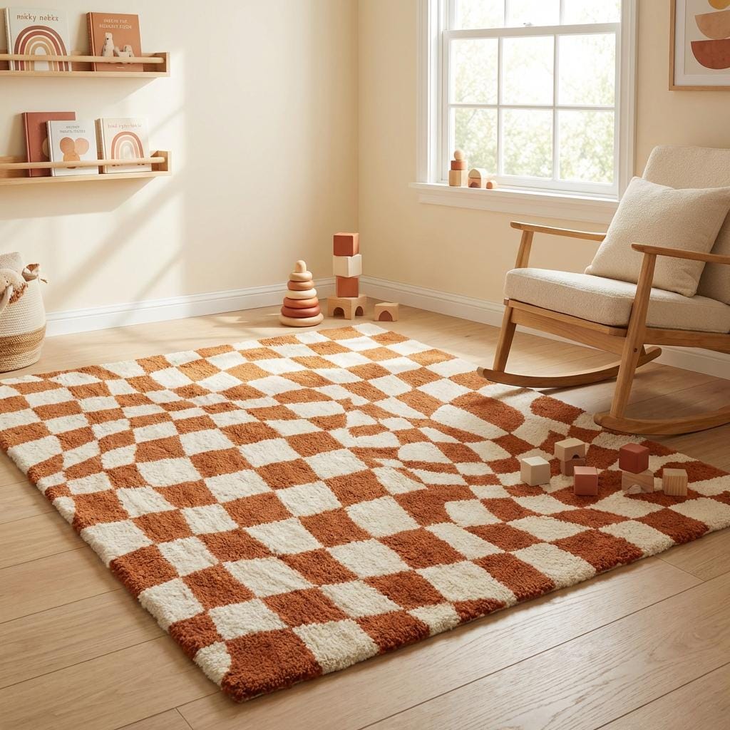 Modern checkerboard wavy tufted rug in warm rust and ivory tones with retro geometric pattern