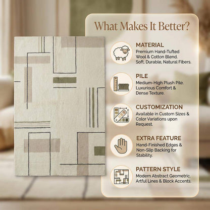 Modern Geometric Area Rug, Minimalist Line Rug, Cream Sage Neutral Decor