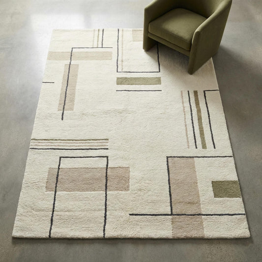 Modern Geometric Area Rug, Minimalist Line Rug, Cream Sage Neutral Decor