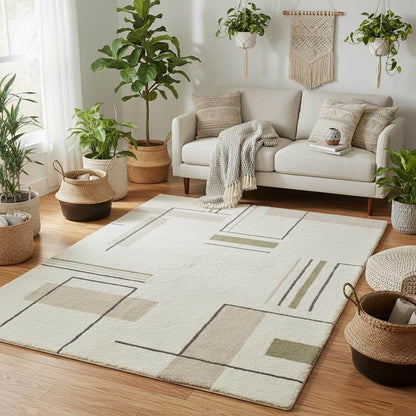 Minimalist line pattern rug, cream ivory base with abstract geometric shapes, Scandinavian Japandi interior style rug