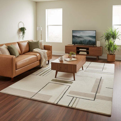 Neutral modern rug with beige taupe and sage accents, contemporary geometric rug for bedroom or apartment