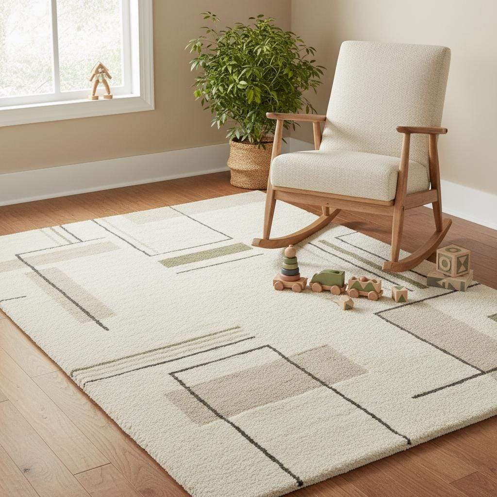 Mid century modern geometric rug with clean rectangular blocks and thin charcoal outline pattern, cream area rug