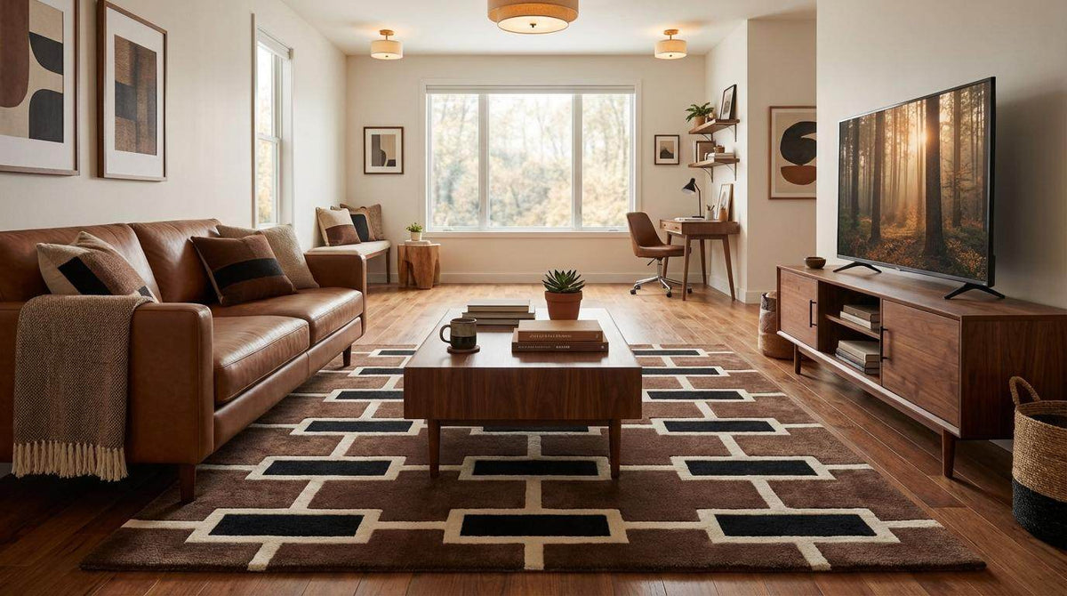 Modern Geometric Hand Tufted Rug, Mid Century Brown Retro Brick Pattern Area Carpet __etsy:7837843773