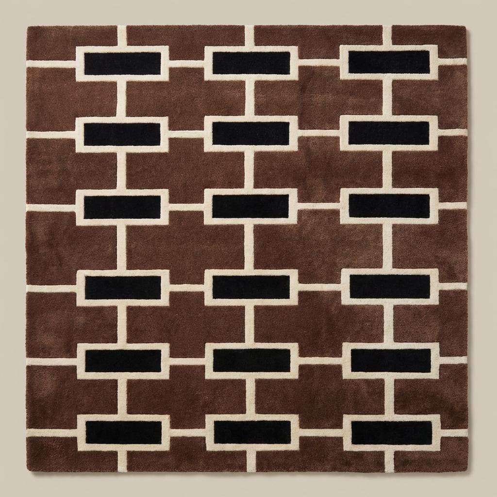 Mid century modern brown geometric area rug placed under accent chair with wooden floor interior styling __etsy:7789914400