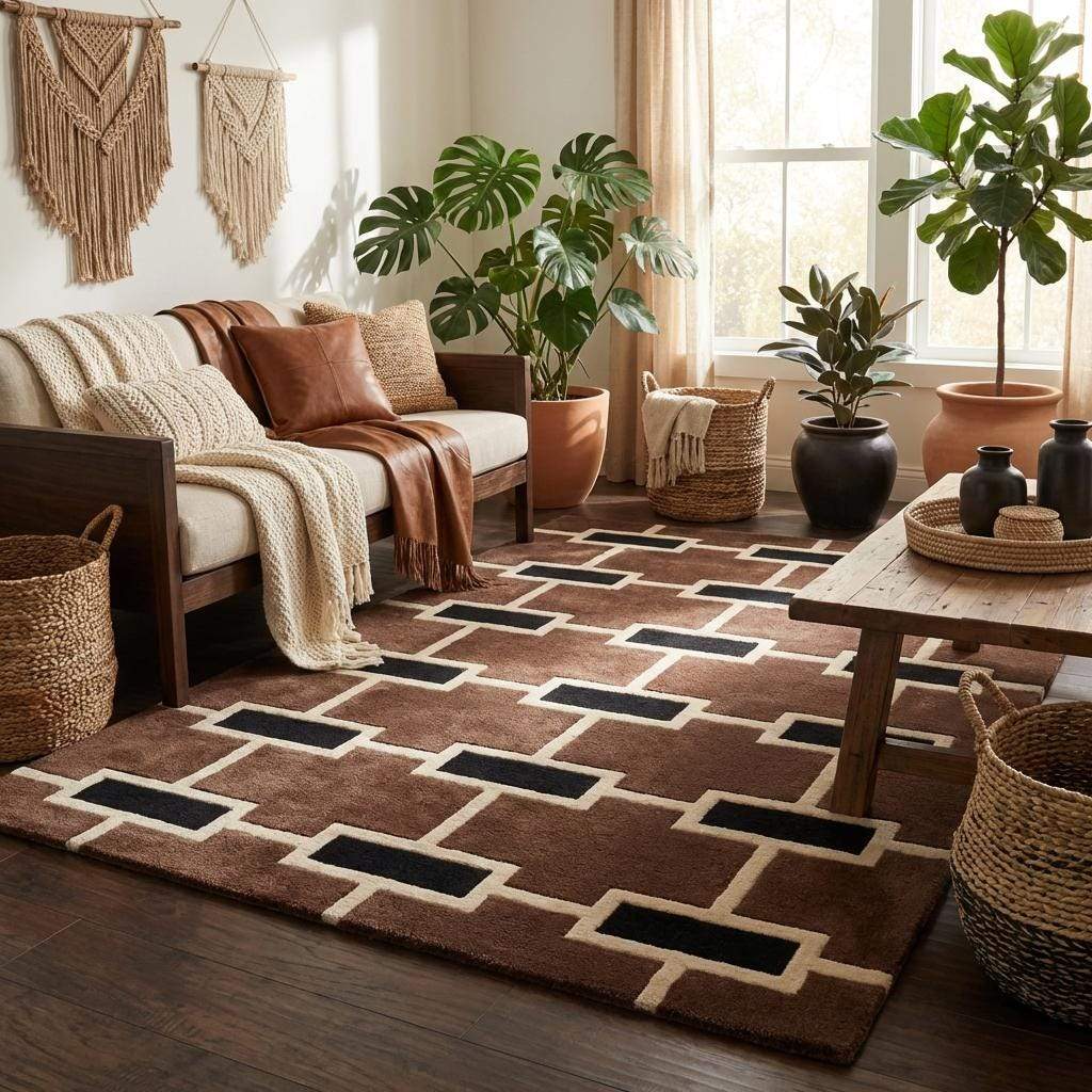 Contemporary brown and black geometric brick pattern rug for living room décor with minimalist interior design __etsy:7789914378